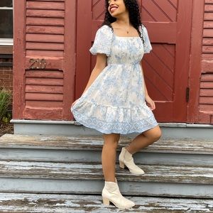 New Mini Blu Pepper Dress | Flower Print Babydoll Sleeved Square Neck Dress